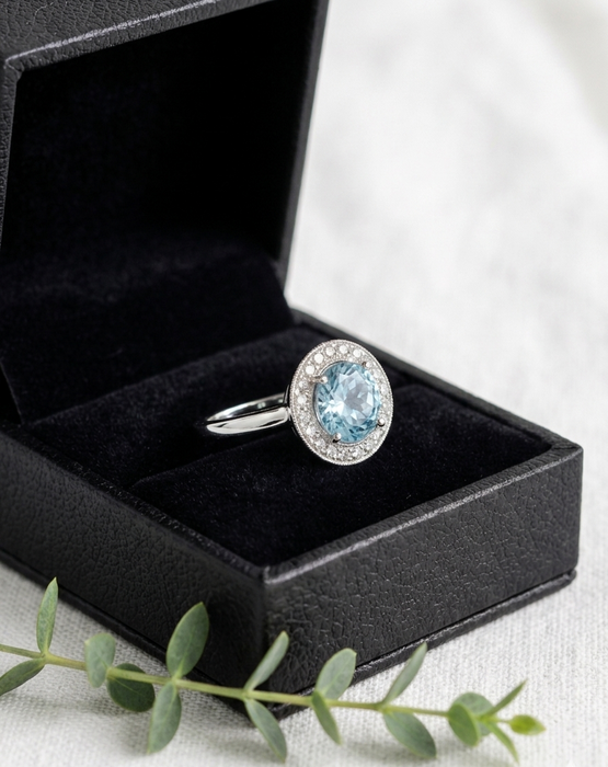 Halo - Anillo de platino con aguamarina rodeada de diamantes