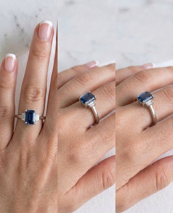 Gran Victoria II- Anillo tresillo platino zafiro y diamantes baguette