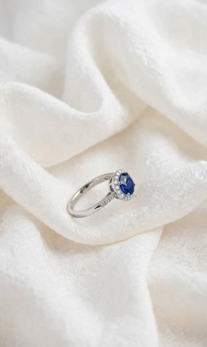 Bleue - Halo de platino con zafiro y diamantes en pavé