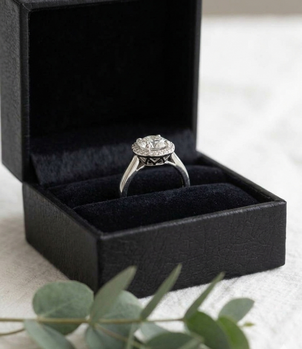 Halo - Anillo de platino con diamante central rodeado de diamantes